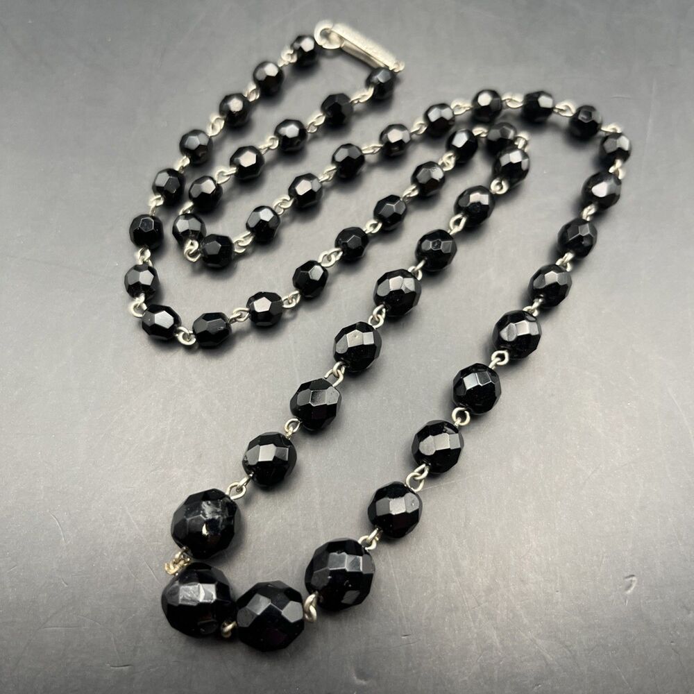 West Germany Black Glass Bead Necklace 22 Inch Beaded Faceted Classic Vintage